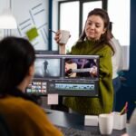 Women videographers editing video project creating content Women videographers editing video project creating content